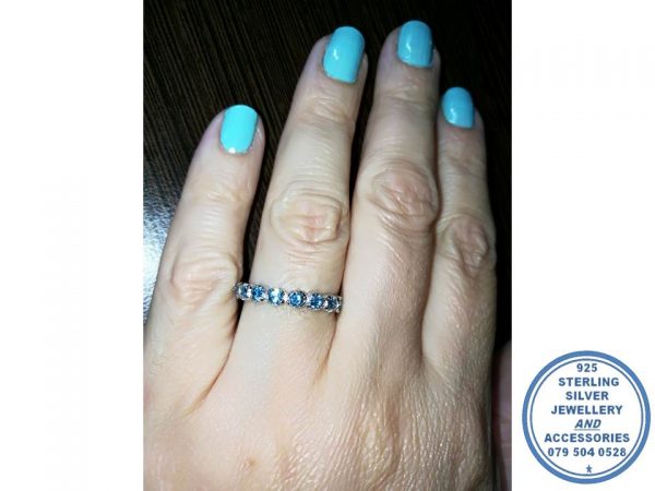 925 Sterling Silver Aqua Wedding Band Stack Ring Aqua Blue Cubics Round Top Ring