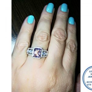 925 Sterling Silver Pink Rectangular Halo Cubic Ring with clear cubic detail on sides