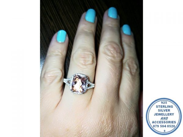 925 Sterling Silver Ring Pink Morganite Cubic Halo Ring Statement